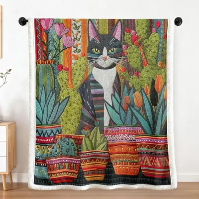 Colorful Cat Among Cactus Blanket: A Tuxedo Cat in a Botanical Garden