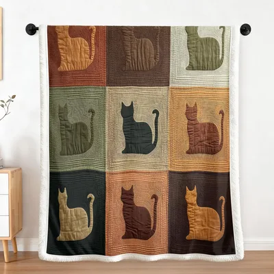 Cats in Checkered Squares Blanket: Quilted Cat Silhouette Design