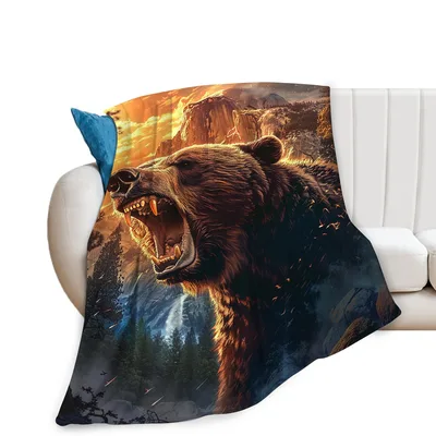 Roaring Bear in Forest Blanket Wild Nature Print for Home