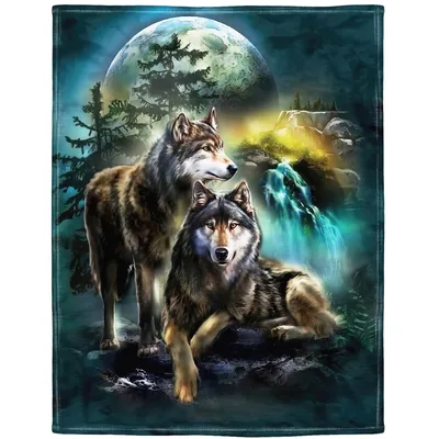Two Wolves Under Full Blanket featuring a mystical night scene