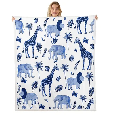 Safari Animals Jungle Pattern Blanket: Blue Wildlife Art