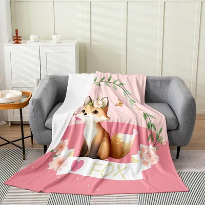 Cartoon Fox with Flowers Blanket: Cute Fox Design with Floral Crown