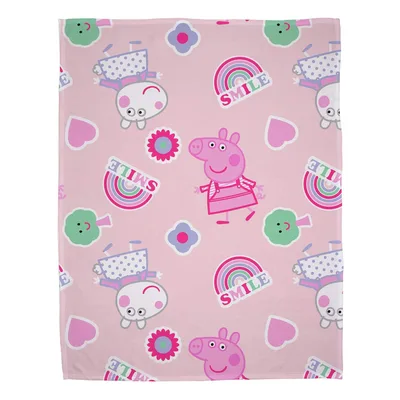 Cartoon Pig Rainbow Pattern Blanket with Smiling Character and Arches