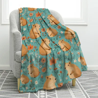 Capybara Animals Pattern Blanket: Fluffy Rodent and Floral Design