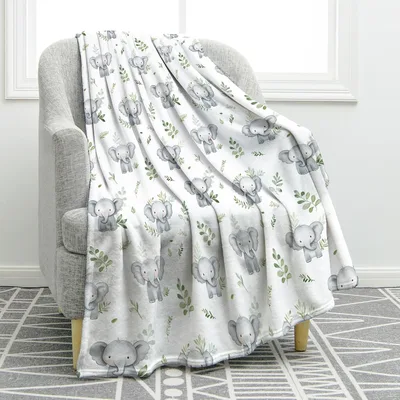 Elephant Pattern Leaves Blanket: Cute Grey Elephants and Greenery