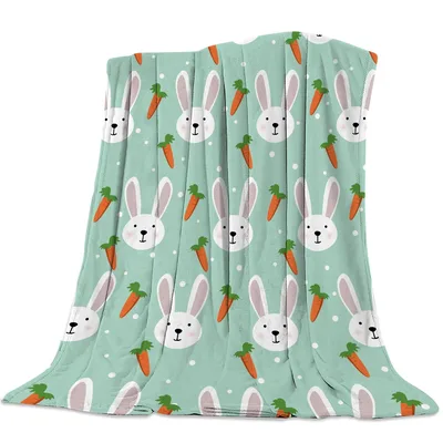 Rabbit Pattern Blanket: Cute White Bunnies and Orange Carrots on Mint