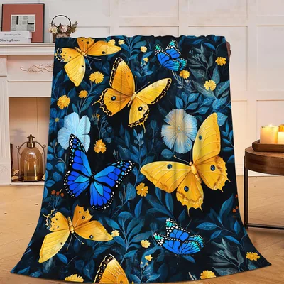 Yellow and Blue Butterflies Blanket featuring vibrant yellow