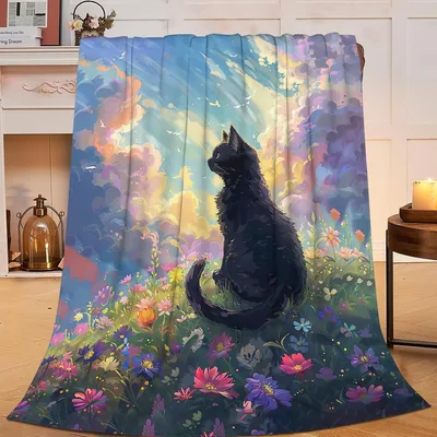 Black Cat in Flower Blanket: A Feline in a Dreamy Meadow