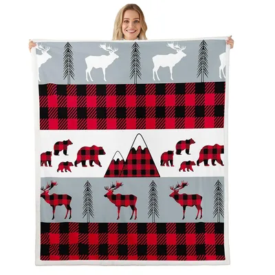 Moose Bear Red Plaid Blanket: Wild Forest Design for Cabin Lovers