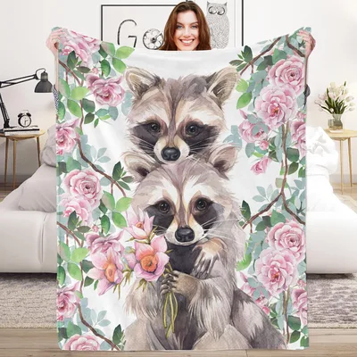 Raccoon with Pink Roses Blanket: Watercolor Raccoons Holding Flowers