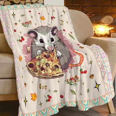 Opossum Eating Pizza Blanket: Fuzzy Opossum Holding a Slice