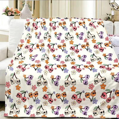 Cute Cartoon Animal Pattern Blanket with Skull Cherries and Flowers