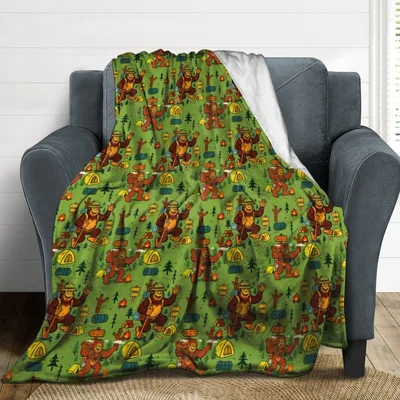 Camping Monkey Pattern Blanket featuring cheerful Bigfoot hikers