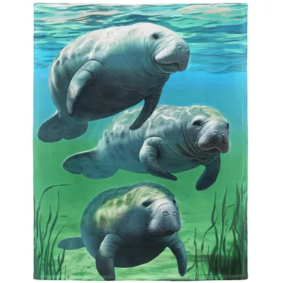 Three Manatees Swimming Underwater Blanket