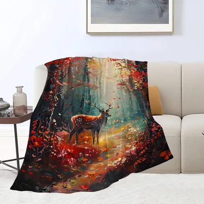 Deer in Autumn Red Blanket: Sika Deer in Fall Forest Art