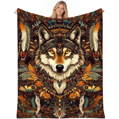Indian Wolf Head Blanket featuring a majestic wolf face adorned