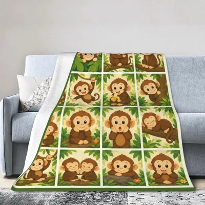 Cute Monkeys in Grid Blanket: Playful Jungle Monkey Throw for Kids