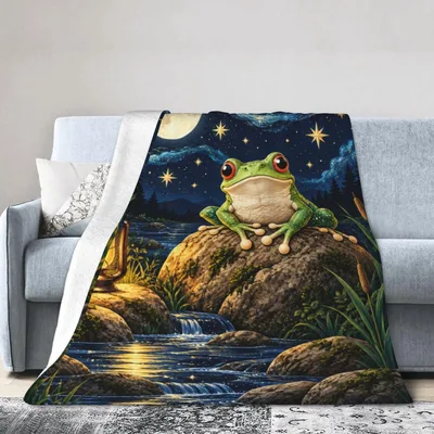 Frog on Rock Starry Blanket: A Green Frog Perched on a Moonlit Boulder