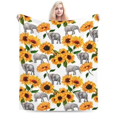 Elephants and Sunflowers Pattern Blanket featuring gray elephants