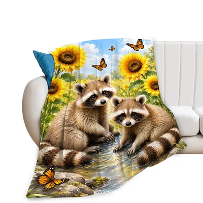 Raccoons Among Sunflowers Blanket: Cute Wildlife Art for Nature Lovers