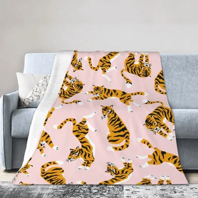 Tigers on Pink Background Blanket featuring playful orange tigers