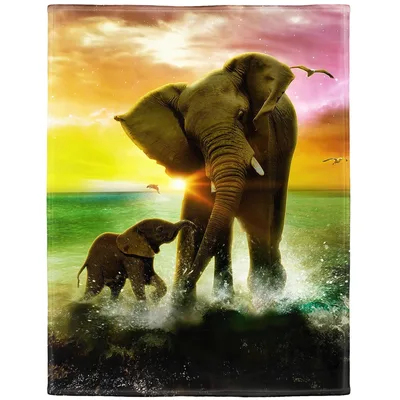 Elephant Family at Sunset Blanket: Vibrant Art of Elephants in Water