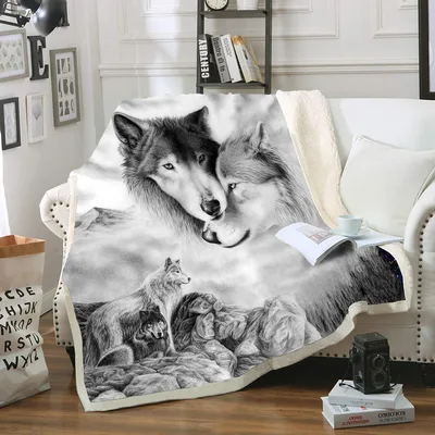 Gray Wolf and Kittens Blanket: A Tender Family Portrait in Monochrome