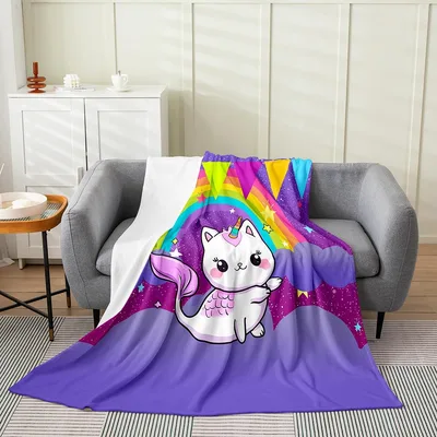 Unicorn Cat Rainbow Blanket featuring a white feline