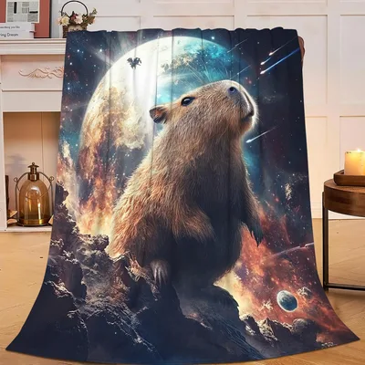 Capybara Under Galaxy Moon Blanket: Cosmic Rodent Art