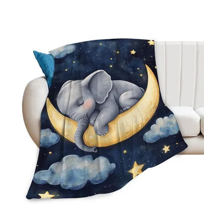 Elephant Sleeping on Moon Blanket: Cozy Nighttime Elephant Design