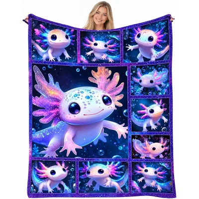 Cute Axolotl Panels Pattern Blanket: Glowing Neon Amphibian Art