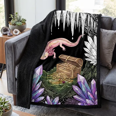 Axolotl Treasure Crystal Cave Blanket featuring a pink axolotl