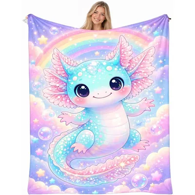 Cute Axolotl Rainbow Clouds Blanket: Whimsical Fantasy Design