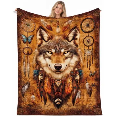 Wolf Spirit with Dreamcatcher Blanket: Wild Art for Your Space
