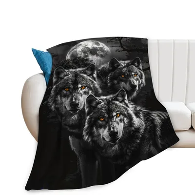 Wolf Pack Blanket: Three Wolves Under Full Moon Design