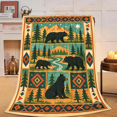 Cabin Bears Forest Patchwork Blanket: Rustic Bear & Pine Tree Design
