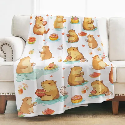 Capybara Donut Pattern Blanket: Cute Capybaras with Food and Water