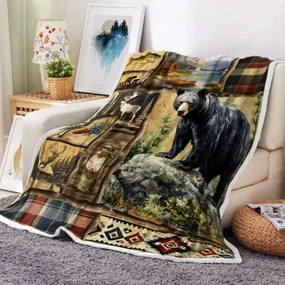 Rustic Bear Lodge Patchwork Blanket: Cabin Wildlife Design
