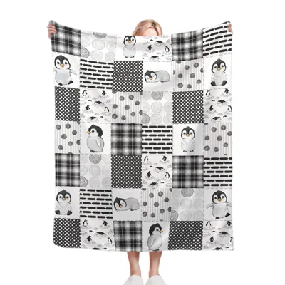 Penguins Checkered Patchwork Pattern Blanket for Cozy Animal Lovers