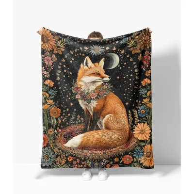 Fox Moonlight Floral Art Blanket: A Fox Under the Stars