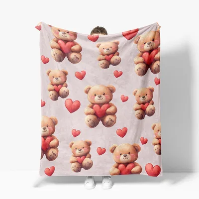 Teddy Bears and Hearts Blanket: Soft Bears Holding Red Hearts