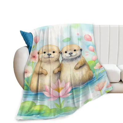 Otters Holding Hands Lotus Blanket: Cute Watercolor Otter Pair Design