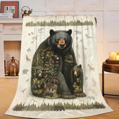 Cabin Bear and Cub Blanket Forest Art for Nature Lovers
