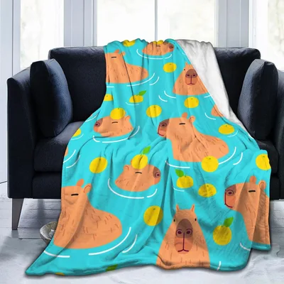 Capybara Animal Pattern Blanket Featuring Floating Rodents and Citrus