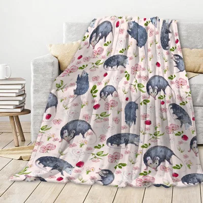 Possums Floral Pattern Blanket: Watercolor Opossums and Pink Roses