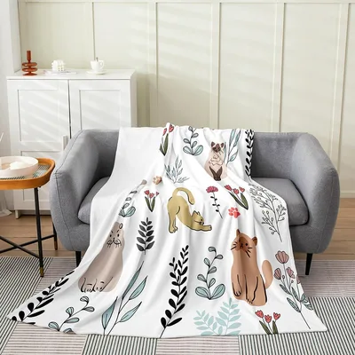 Cats with Leaves Pattern Blanket: A Whimsical Feline and Floral Design