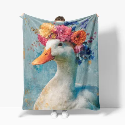 Duck with Flower Crown Blanket: Artistic White Duck Portrait