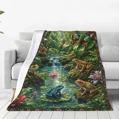 Frog in Forest Pond Blanket: A Lush Amphibian Waterfall Scene