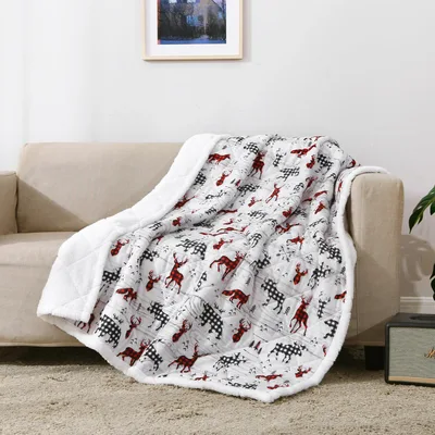 Red Animal Silhouettes Pattern Blanket with Plaid Deer and Moose