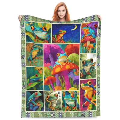 Colorful Frogs Patchwork Pattern Blanket featuring vibrant tree frogs